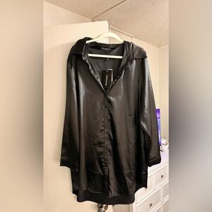 PrettyLittleThing Black Satin Trench Shirt Dress